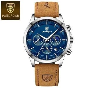 POEDAGAR 928 Men Watches Chronograph Waterproof Men Genuine Leather Band Business Luminous Calendar Date Quartz Watch