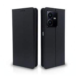 Vivo Y22 Phone Case, Wallet-Style Black Retro Leather Flip Cover with All-Round Protection