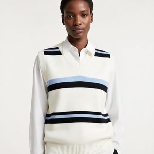 Unisex Loose Fit V-Neck Striped Sweater Vest Ribbed Knit Tank White with Blue/Black Stripes