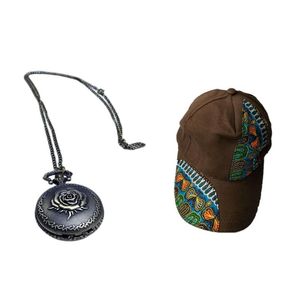 Unisex brown Ankara baseball cap and rose vintage pocket watch combo