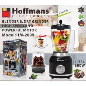 Hoffmans 600W 2-in-1 Blender and dry grinder 1.75 L Unbreakable PC Jar, 3 Speeds, Stainless Blades, Easy To Clean Detachable Parts, Perfect for Blending and Grinding 