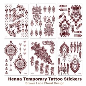 Henna Tattoo Stickers 6 Sheets Set, Temporary Body Art, Waterproof Floral Geometric Mandala Designs, Long Lasting