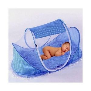 Baby Portable Bed with Cushioned Fibre Mattress & Blue Mosquito Net