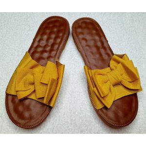 Ladies Mustard Bow Slide Sandals – Fabric Upper – Natural Rubber Sole