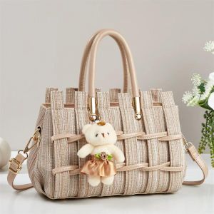 Elegant Textured Woven Satchel with Teddy Bear Charm – Neutral Khaki & Cream