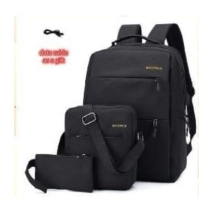 3-Piece Travel Backpack Set – Grey Canvas Laptop Backpack with Shoulder Bag and Pouch, USB Charging Port – Business, Casual, School & Travel Bag for Men & Women