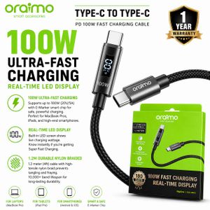 Oraimo 100W Type-C to Type-C Fast Charging Cable (1.2m) – LED Display, Nylon Braided, Ultra Durable ,Black (1 Year Warranty)