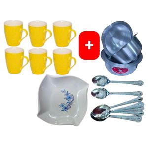 Beautiful Classic Yellow Ceramic Coffee/Tea Mug / Cups 6pc Set + FREE 4PCS Stainless Aluminum Sufuria Set, 12pc Table Spoons & 6pc Melamine Dinner Plates