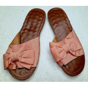 Ladies Pink Bow Slide Sandals – Fabric Upper – Natural Rubber Sole