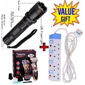 Electric 3-in-1 Rechargeable Home Sercurity Self-Defense Shock Laser Pointer Torch+Geemy 3 In 1 Hair Shaver +FREE 4 Way Power Extension