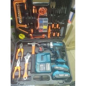 Makita Multifunctional DIY Household And Professional electric drill tool set-hardware toolbox electrician woodworking repair tool combination set, With 36v Cordless Drill with Drilling and Impact Functions