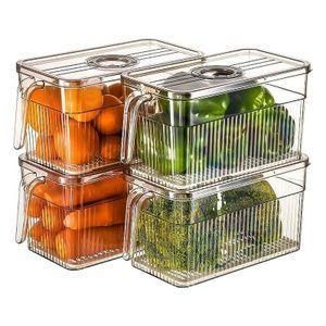 3PCS Stackable Food Storage Produce Saver Containers for Refrigerator, Berry Keeper Boxes for Fridge with Removable Drain Tray Keep Fresh for Vegetables/Fruit/Meat/Salad - 3 litres