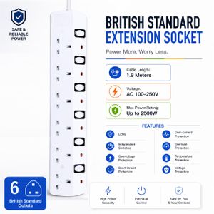 6-Way UK British Standard Extension Socket Heavy-Duty 1.8M Power Strip - EX44-R White