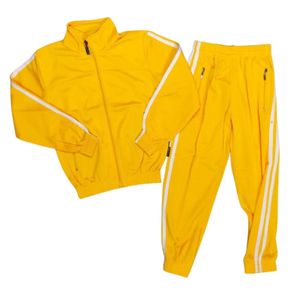 A yellow tracksuit with two white stripes in sizes 26 to 38