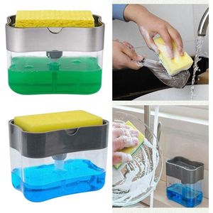 2 pieces Washing Up Liquid Pump Dispenser & Sponge Set -Pump Action Liquid Dish Soap Dispenser