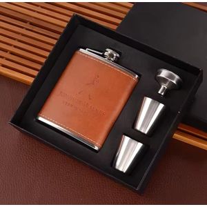 Premium Portable Stainless Steel Hip Flask Gift Set with Leather Cover and 2 Shot Cups