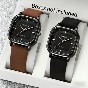 Couple Square Minimalist Quartz Wristwatches with Scale Dial for Men & Women (2pcs/Set) No Watch Box Included