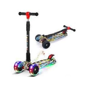 Children’s 3Wheel LED Kick Scooter – Foldable, Adjustable Height, Music & Light Switch  Graffiti Deck Design