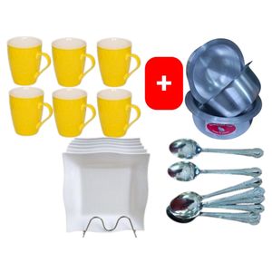 Sundabest  Beautiful Classic Yellow Ceramic Coffee/Tea Mug / Cups 6pc Set + FREE 4PCS Stainless Aluminum Sufuria Set, 12pc Table Spoons & 6pc Melamine Dinner Plates