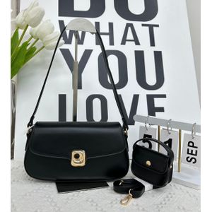 Midnight Black Two-Piece Handbag Set – Classic Shoulder Bag with Matching Charm Pouch