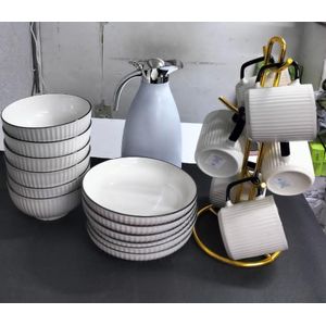 Japanese 19pcs Ceramic Dinner Set Combo, 6pcs Medium Plates, 6pcs Bowls, 6pcs concise Cups and White Unbreakable JP Flask 