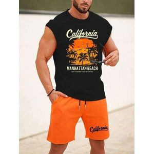 Men's 2 In 1 Beach Pant Short Sleeve  Printed T-Shirt & Shorts Set - Multi