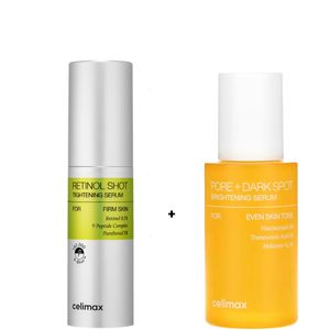 celimax  Retinol Shot Tightening Face Serum +  Pore + Dark Spot Brightening Face Serum with Niacinamide & TXA. Moisturizes, Firms, Removes Wrinkles, Dark Spots, Hyperpigmentation, Minimizes Pores, Brightens, Evens, Illuminates, Soothes & Calms, Softens & Smooths