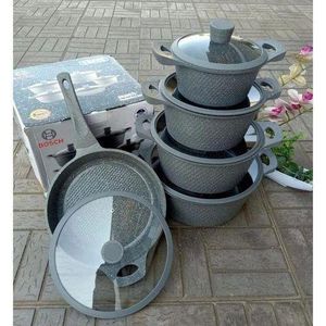Bosch 11PCS Granite Non-Stick Cookware Set Grey – Pots with Glass Lids & Silicone Covers, Induction Compatible
