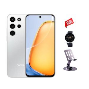 Oking OK S25 ultra 64GB ROM + 5GB (2+3GB) extended RAM, 13MP+8MP ultra camera, 5000mAh real battery 6.67" Inch Display HD, + in cell punch hole screen, Android phone with side mounted fingerprint (Web Watch + Phone Stand)  - Silver