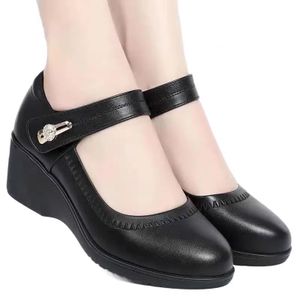 SHJO High Heels Women Business Artificial Leather Lightweight Breathable Trendy Professional Shoes Wedge Heels - Black