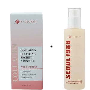 K-Secret Collagen Boosting Secret Ampoule Serum + Seoul 1988 Essence with Snail Mucin 97% & Rice. Moisturizes, Glows the skin, Prevent skin aging, Remove wrinkles, Fine lines, Softens, Restore barrier, Increase skin elasticity & collagen production & Even