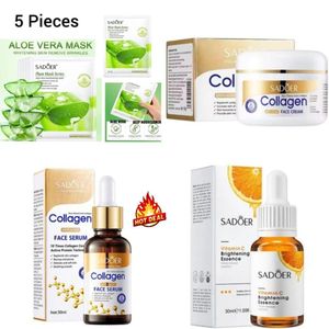 SADOER Nourishing 8 Pieces Anti Aging Collagen Set + Vitamin C Face Brightening Essence, 5 Pieces Aloe Face Mask + Collagen Cream+ Collagen Serum + Vitamin C Serum