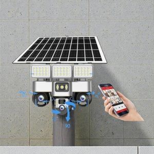 Easy to Install Solar CCTV 12MP 4G PTZ Rotating Triple Lens Two In One V380 Pro 12MP 4G Sim card PTZ Rotating Three Triple Lens screens Outdoor Security Solar CCTV Camera with High Brightness Led Solar Flood Light