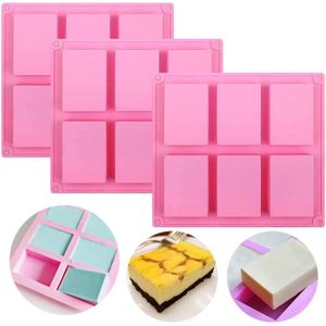 3-piece set, 6-cavity DIY handcrafted soap mold - cake plate mold, biscuit chocolate mold, homemade craft silicone soap bar mold, cube tray, pink