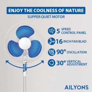 AILYONS 16-Inch Standing Fan – Adjustable Height, 3-Speed Settings, Oscillating