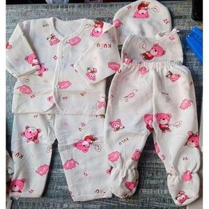 Baby 5 Pieces Unisex New Born  Receiving Set- WHITE With PINK PRINTS