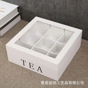 9-Grid Tea Bag Organizer Box – Retro Wooden Storage with Transparent Lid