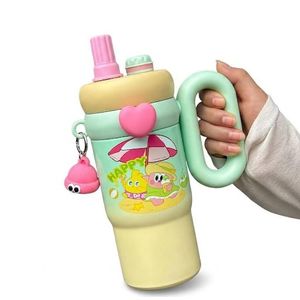 Kawaii Insulated Kids(Green) Tumbler ,quencher, with Straw & Handle - 600ml Leak-Proof Gradient Water Bottle with Cute 3D Charms, kids water bottle, mug