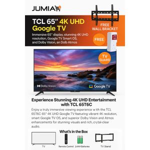 TCL 65T6C – 65" 4K HDR Google TV – Dolby Audio – Frameless Design – Bluetooth – Wi-Fi – Chromecast Built-In