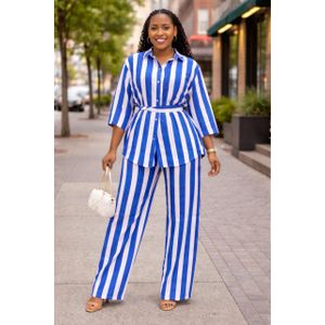 Ladies Elegant Two-Piece Heavy Linen Blue Stripped  White Matching Set – Top and Trouser