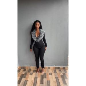 Feather Trim Long-Sleeve Bodycon Jumpsuit