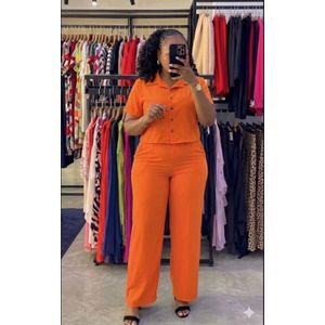 Linen Luxury & Elegant Orange Co-Ord Set – Tailored Button up Top & Flowy Wide-Leg Pants