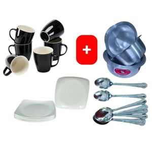 Beautiful Classic Black Ceramic Coffee/Tea Mug / Cups 6pc Set + FREE 4PCS Stainless Aluminum Sufuria Set, 12pc Table Spoons & 6pc Melamine Dinner Plates