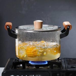 Heat-Resistant Glass Saucepan, Clear Pots for Cooking Borosilicate Glass Cooking Pot Wooden Double Handles Stovetop Clear Glassware for Cooking