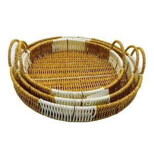 3-Piece Set Round Woven Rattan Serving Trays – Decorative Bread & Fruit Baskets with Handles