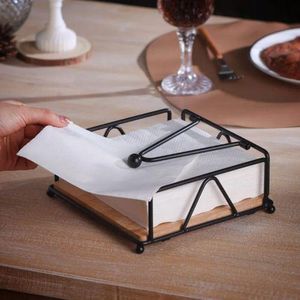 Napkin Holder, Metal Napkin Holder with Wood Base, Square Flat Napkin Holder for Kitchen Table, black