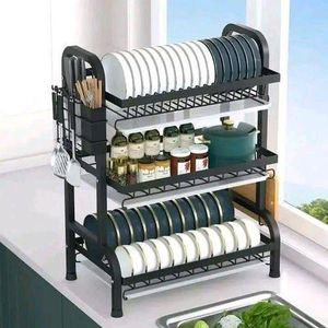 Dish rack 3 layer advanced new model with cutlery holder & Chop Board Holder , Black as picture