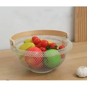 29cm brim rounded mesh fruit basket with bamboo handle  Large Capacity Kitchen Counter Storage Bowl for Fruits, Vegetables & Snacks – Elegant Rust-Resistant Design for Home & Dining Table Use