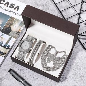 Luxury Ladies Jewelry Gift Set 4pcs Diamond Watch Set Butterfly Necklace Bracelet Chain Elegant Women Fashion Jewelry Gift Box for Wedding Birthday Special Occasion