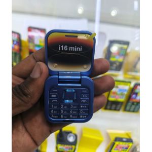 i16 Mini Ultra-Compact Flip Phone - Dual SIM - 1.77" Color Screen - Camera - Wireless FM - Blue